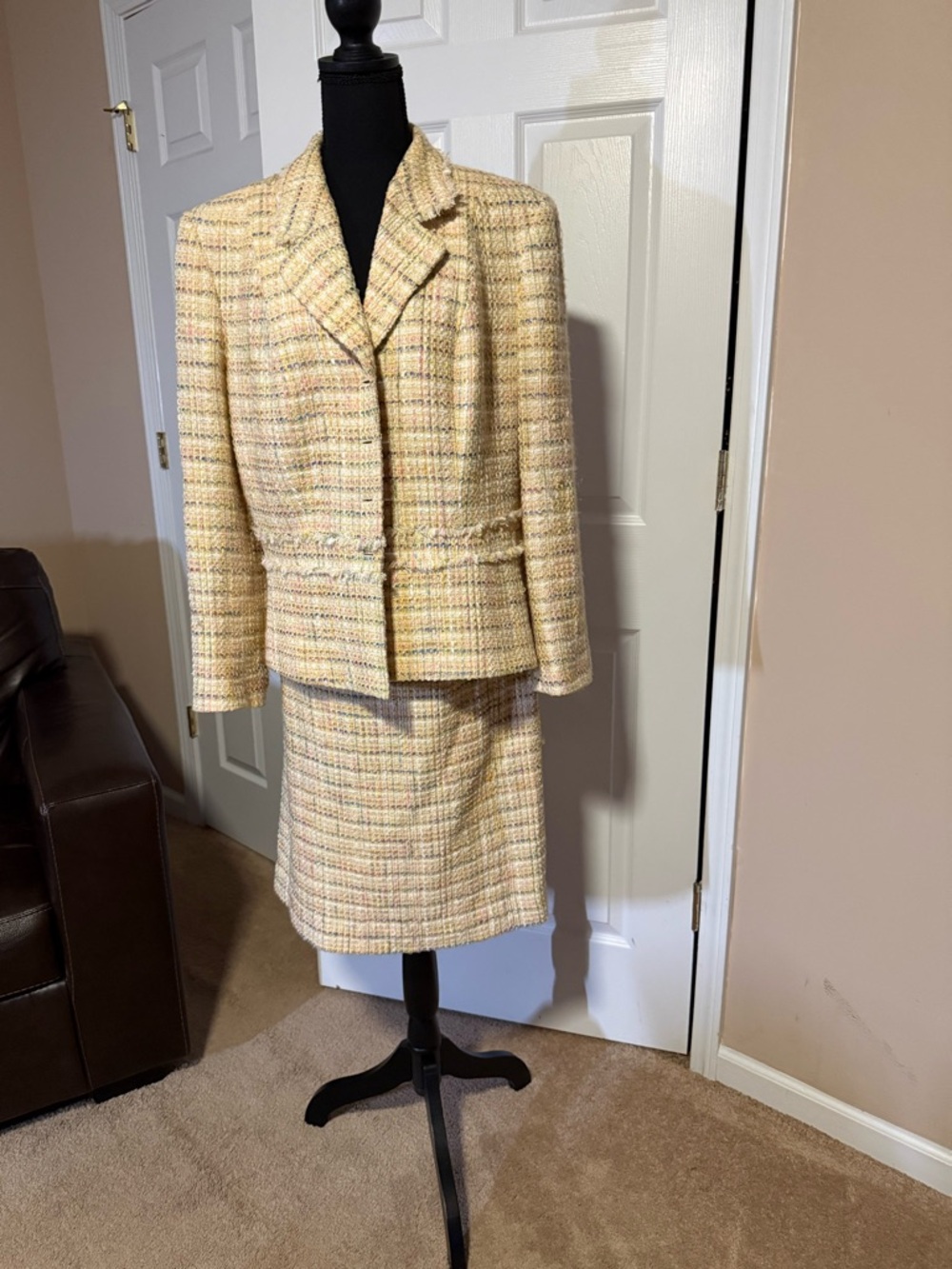 Classic Tweed Skirt Suit in Pastel Yellow